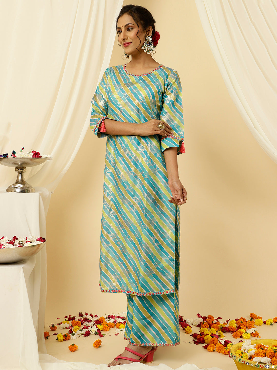 Turquoise Blue Leheriya Straight Kurta With Palazzo And Dupatta