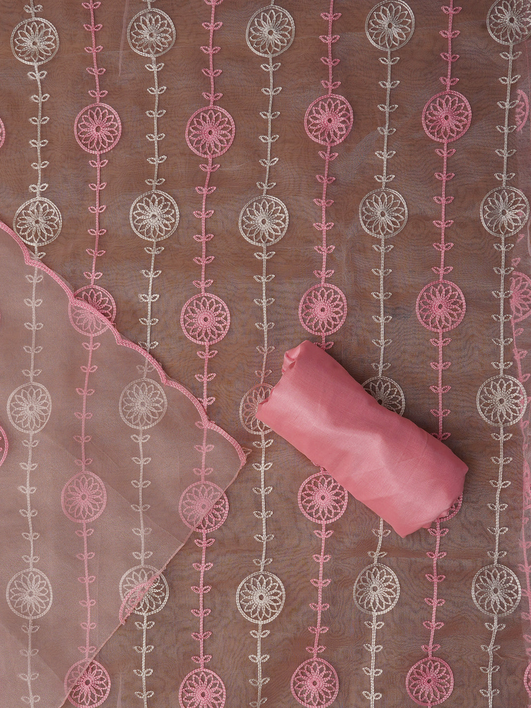 Unstitched Baby Pink Embroidered Organza Dress Material With Dupatta