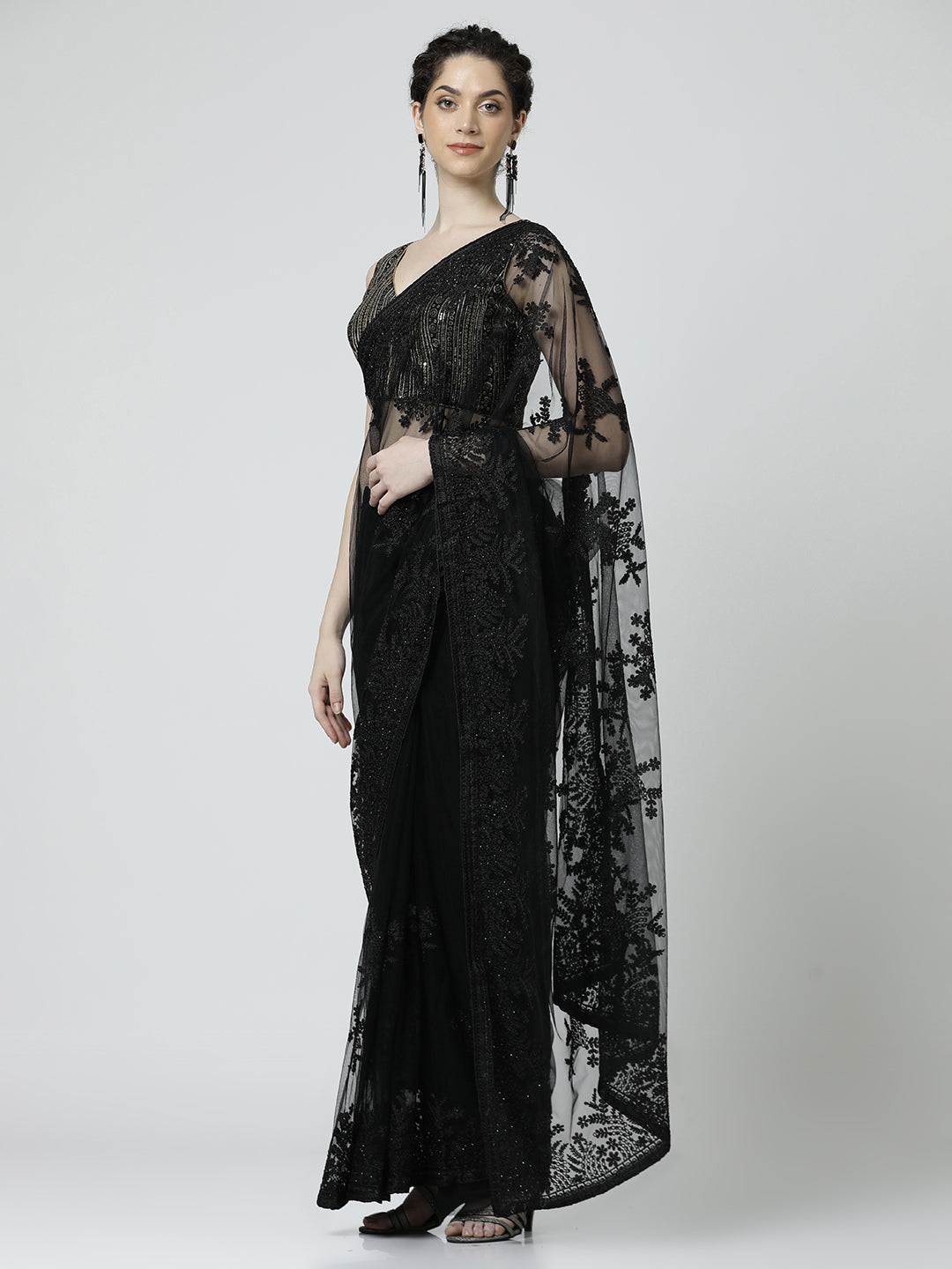 Black Embroidered Net Black Party Wear Saree