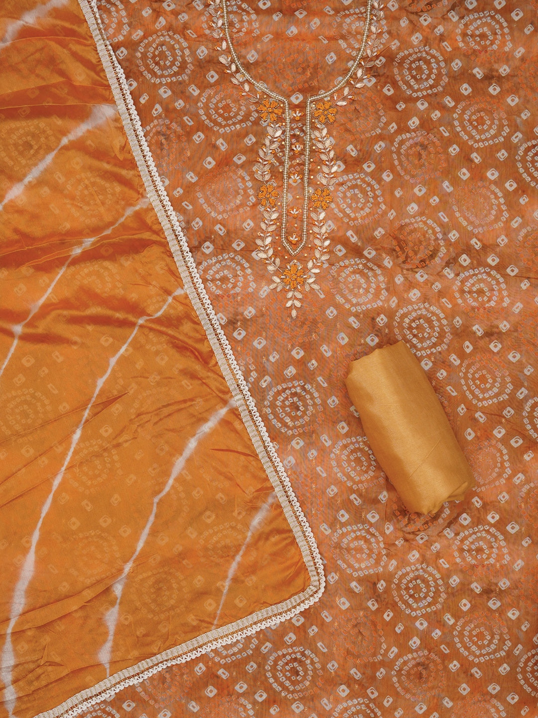Mustard Bandhani Embroidered Dress Material with Leheriya Dupatta
