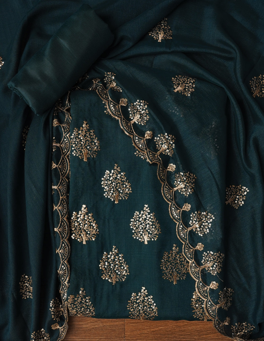 Teal Sequin Work Cotton Blend Dress Material with Dupatta