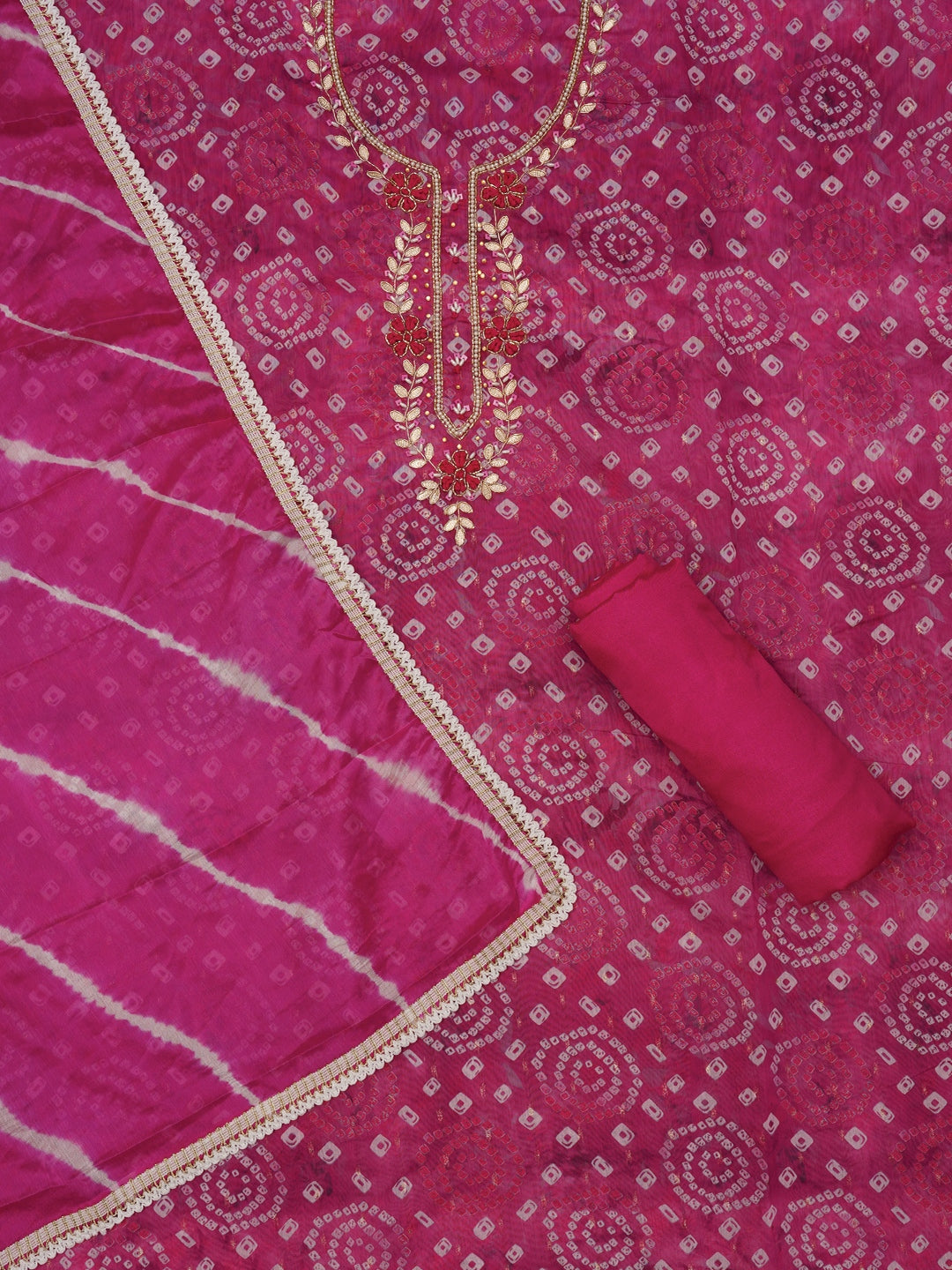 Pink Bandhani Embroidered Dress Material with Leheriya Dupatta