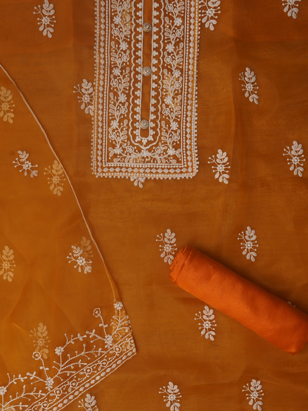Orange Unstitched Embroidered Organza Dress Material With Dupatta