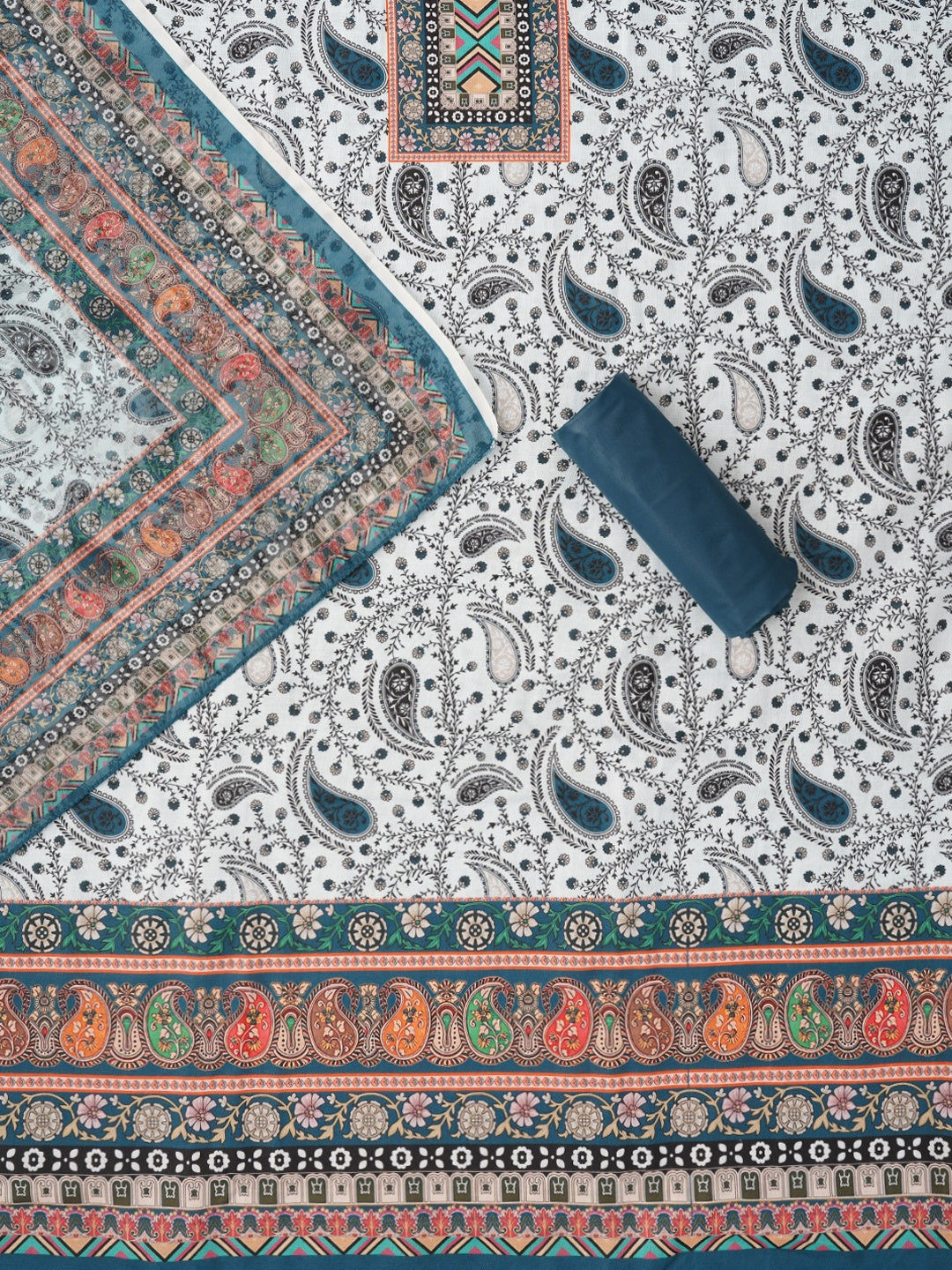 Teal Paisley Printed Cotton Blend Dress Material with Dupatta
