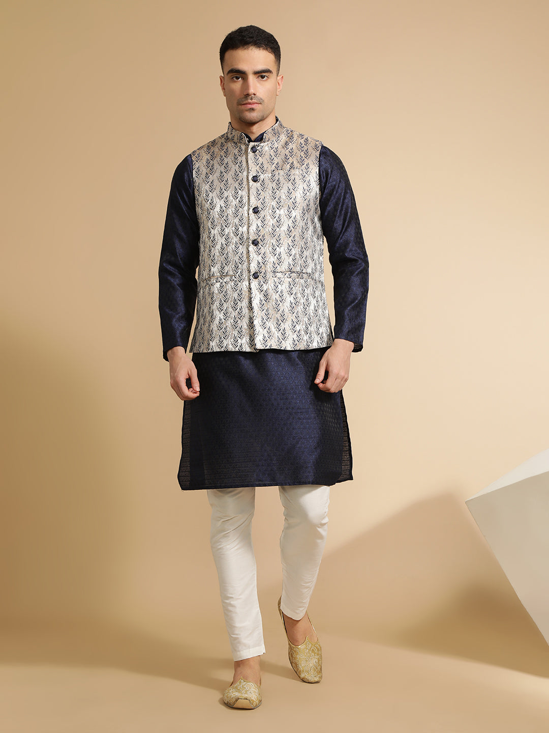 Festive Kurta With Printed Nehru Jacket Set