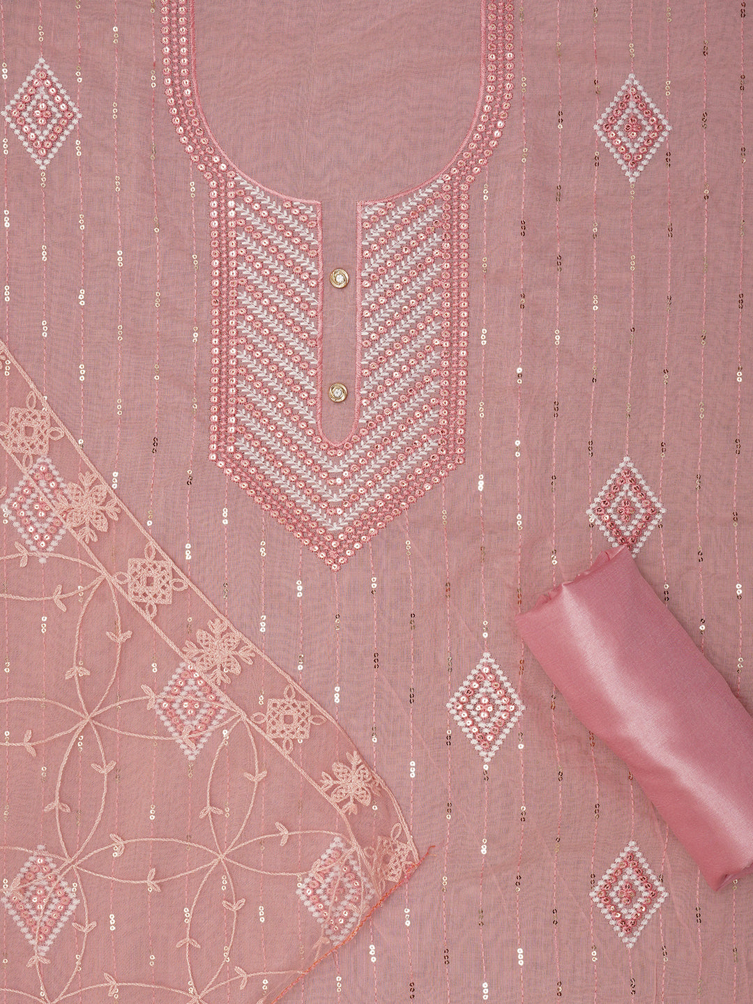 Pink Unstitched Embroidered Cotton Blend Dress Material With Dupatta