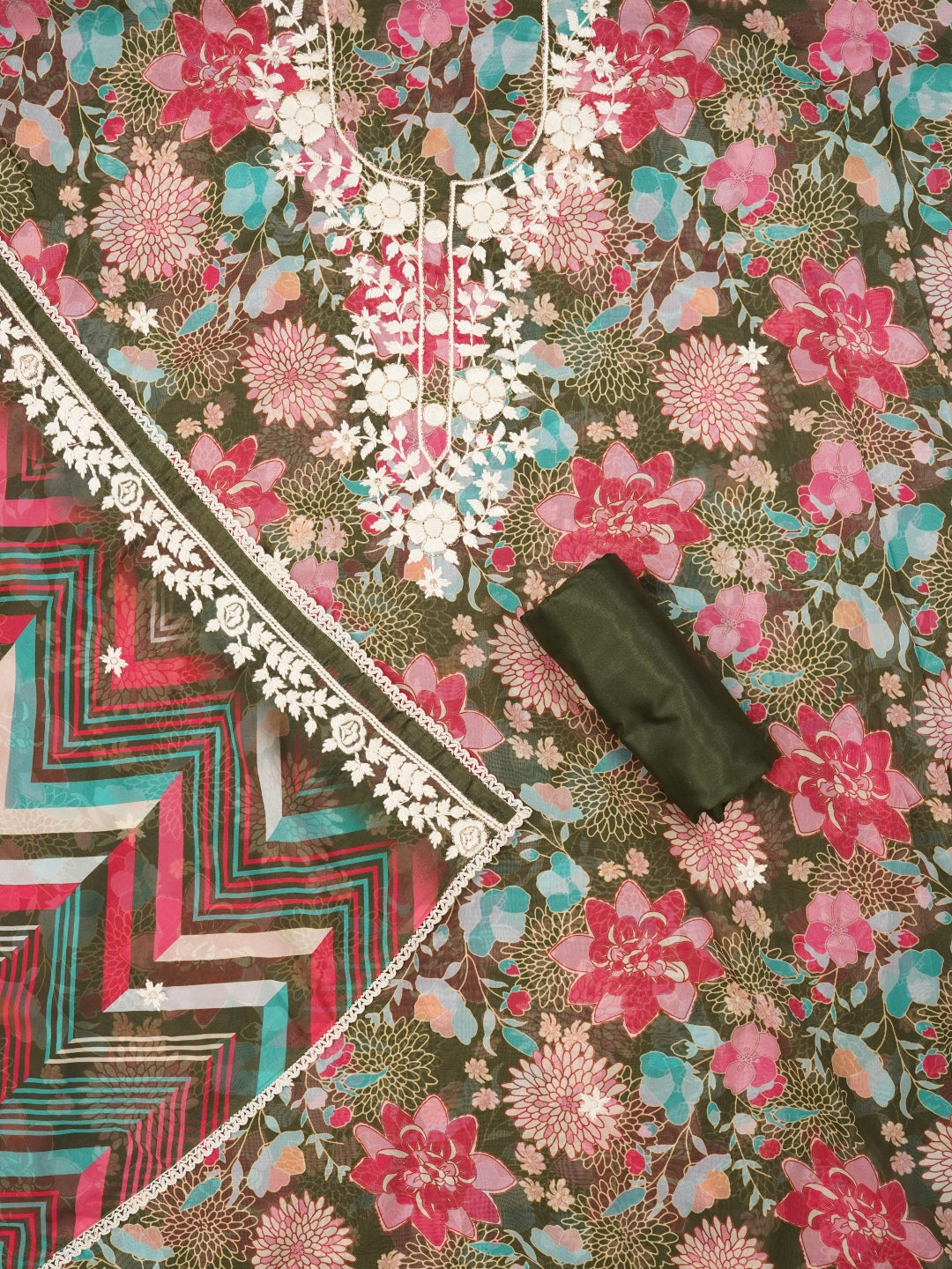 Olive Green Lucknowi Embroidered Organza Dress Material with Dupatta