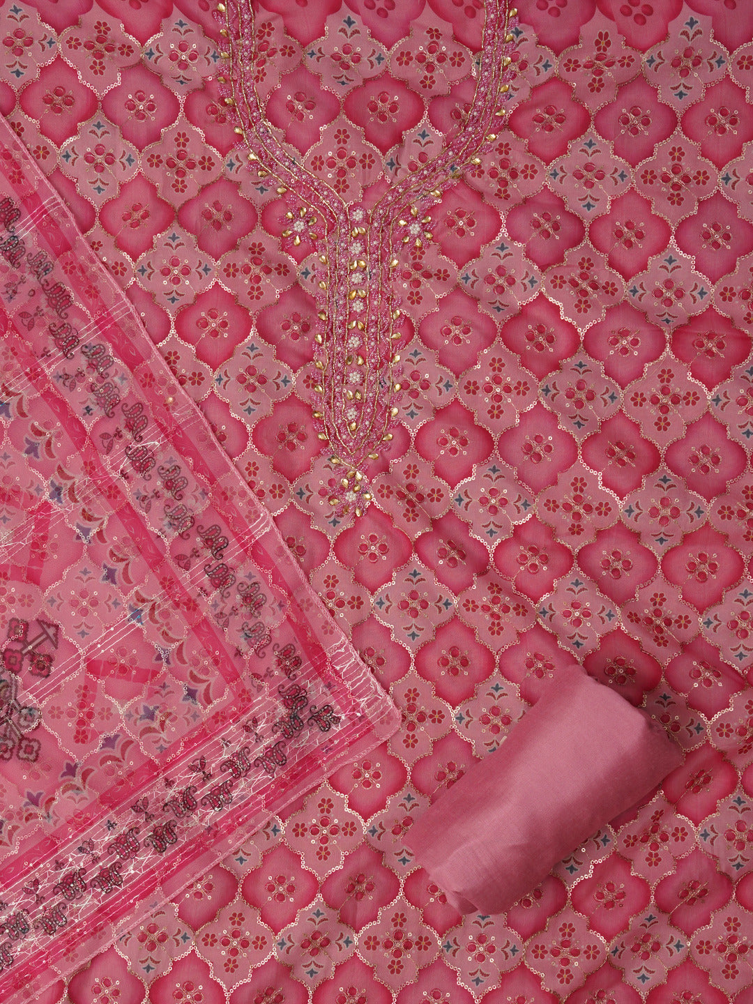 Unstitched Embroidered Organza Pink Dress Material With Dupatta
