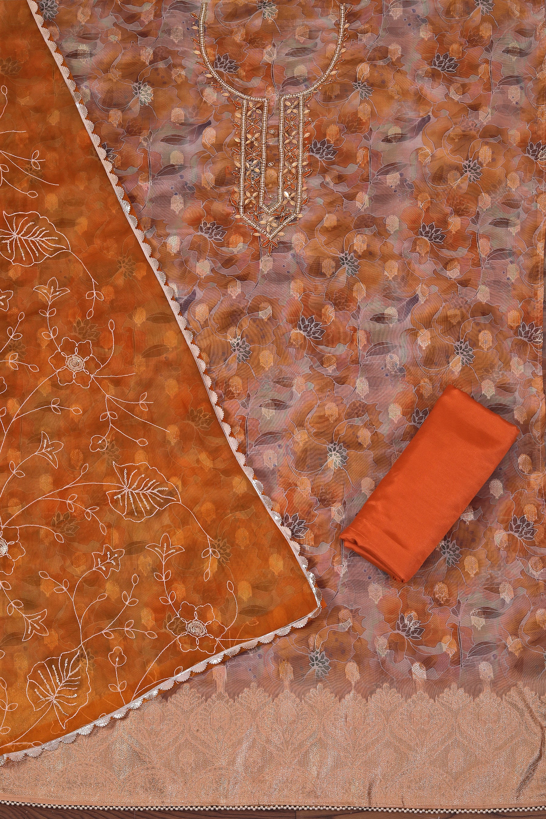 Light Orange Embellished Ethnic Motif Printed Organza Dress Material With Dupatta