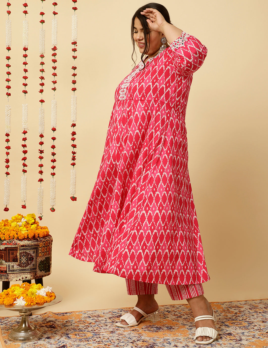 Plus Size Pink Mirror Embellished Ikat Printed Anarkali Kurta With Pants And Dupatta