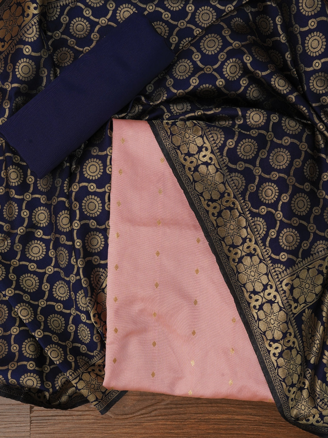 Baby Pink Zari Woven Silk Blend Dress Material With Dupatta