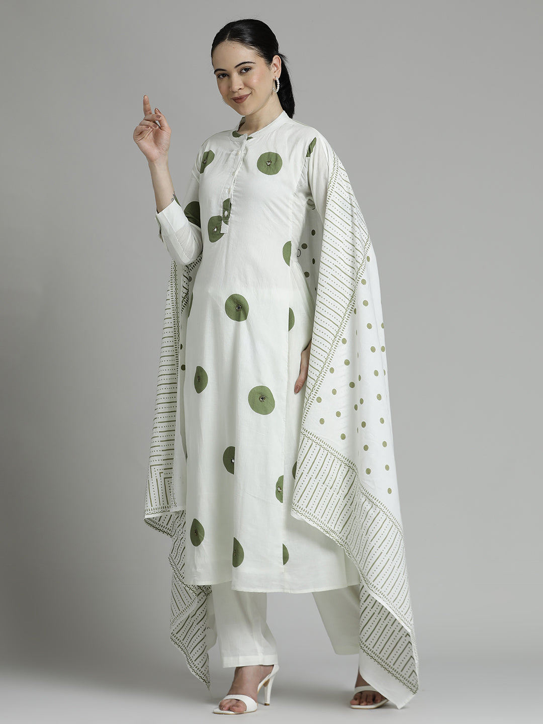 Printed Pure Cotton A-line White Suit Set