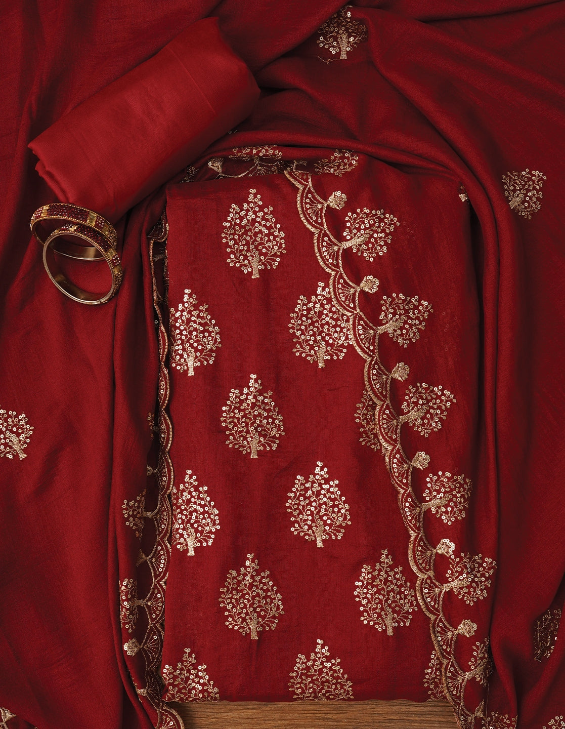 Red Sequin Work Cotton Blend Dress Material with Dupatta