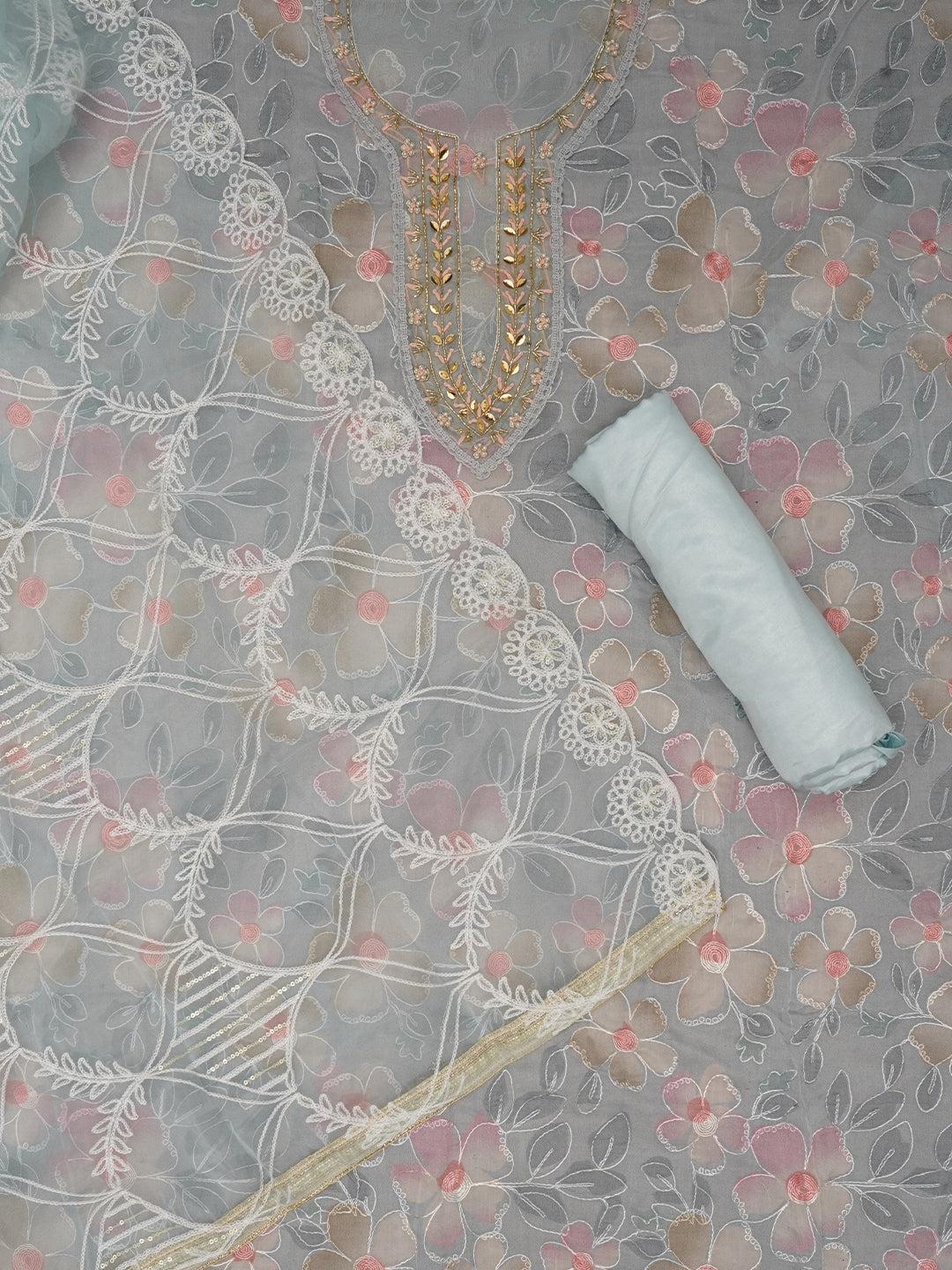 Sea Green Floral Embroidered Organza Dress Material with Dupatta