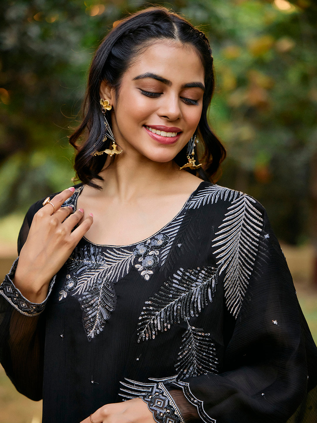 Floral Embroidered Straight Organza Kurta & Trousers Sets