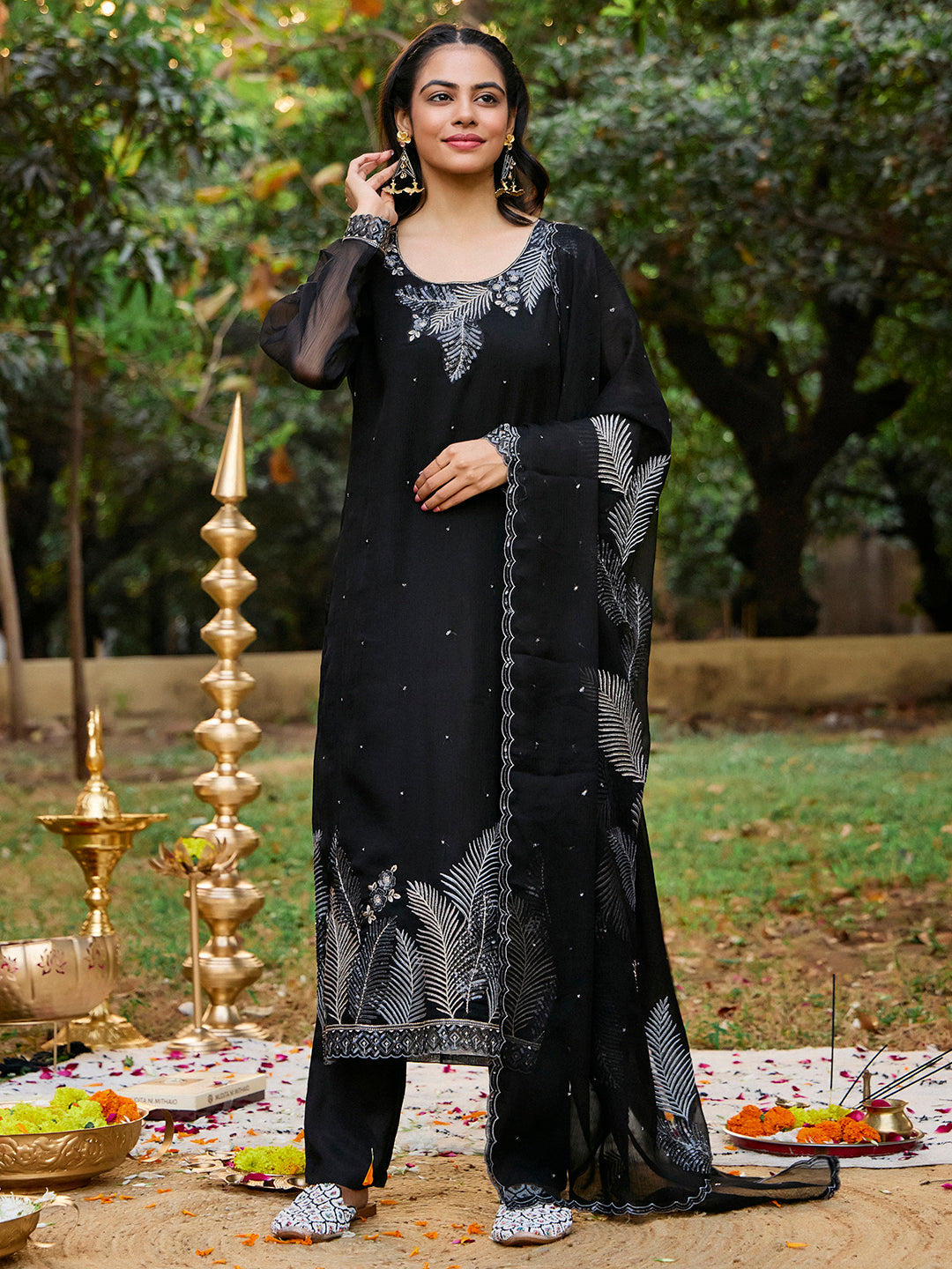 Floral Embroidered Straight Organza Kurta & Trousers Sets