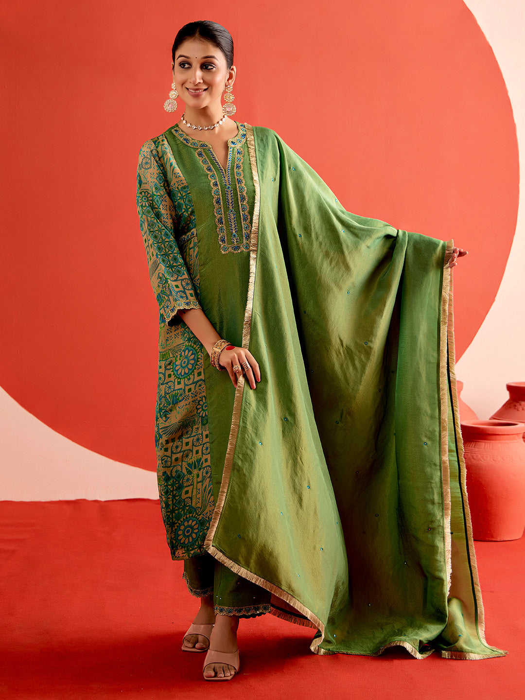 Floral Embroidered Straight Tissue Kurta & Trousers Sets