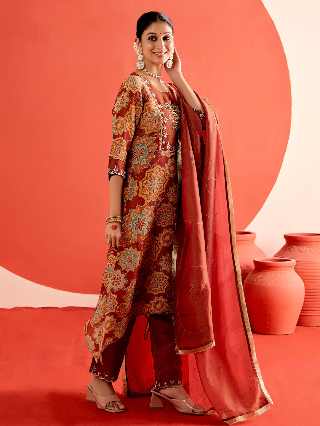 Floral Embroidered A-Line Tissue Kurta & Trousers Sets