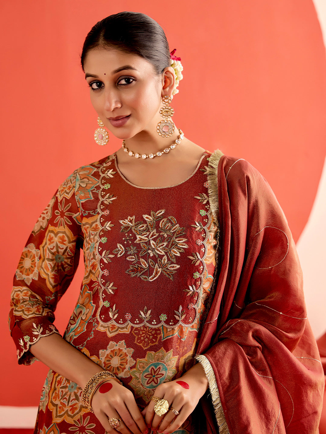 Floral Embroidered A-Line Tissue Kurta & Trousers Sets