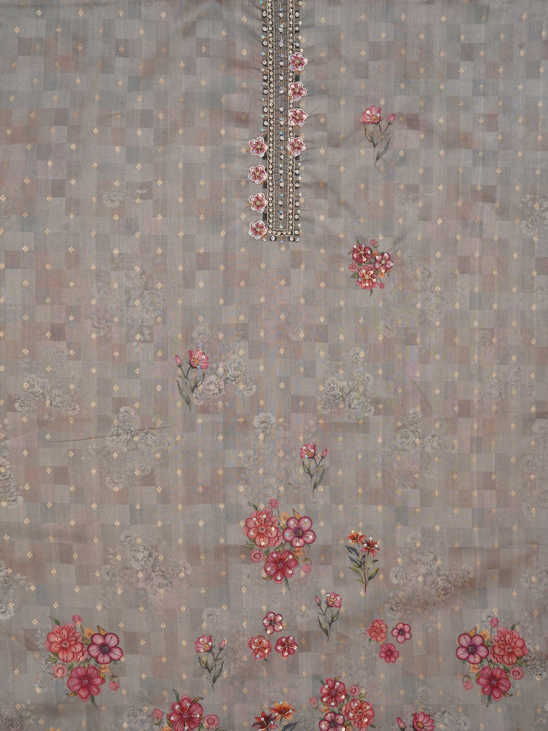 Sea Green Floral Printed Embellished Cotton Dress Material with Dupatta