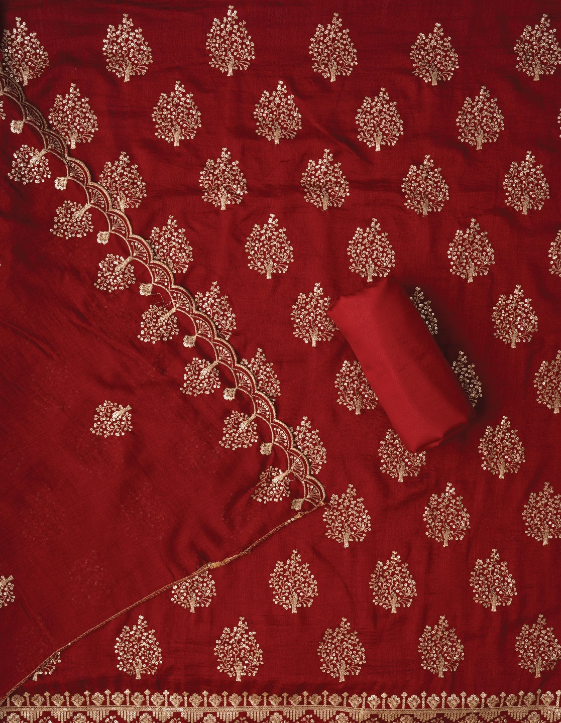 Red Sequin Work Cotton Blend Dress Material with Dupatta