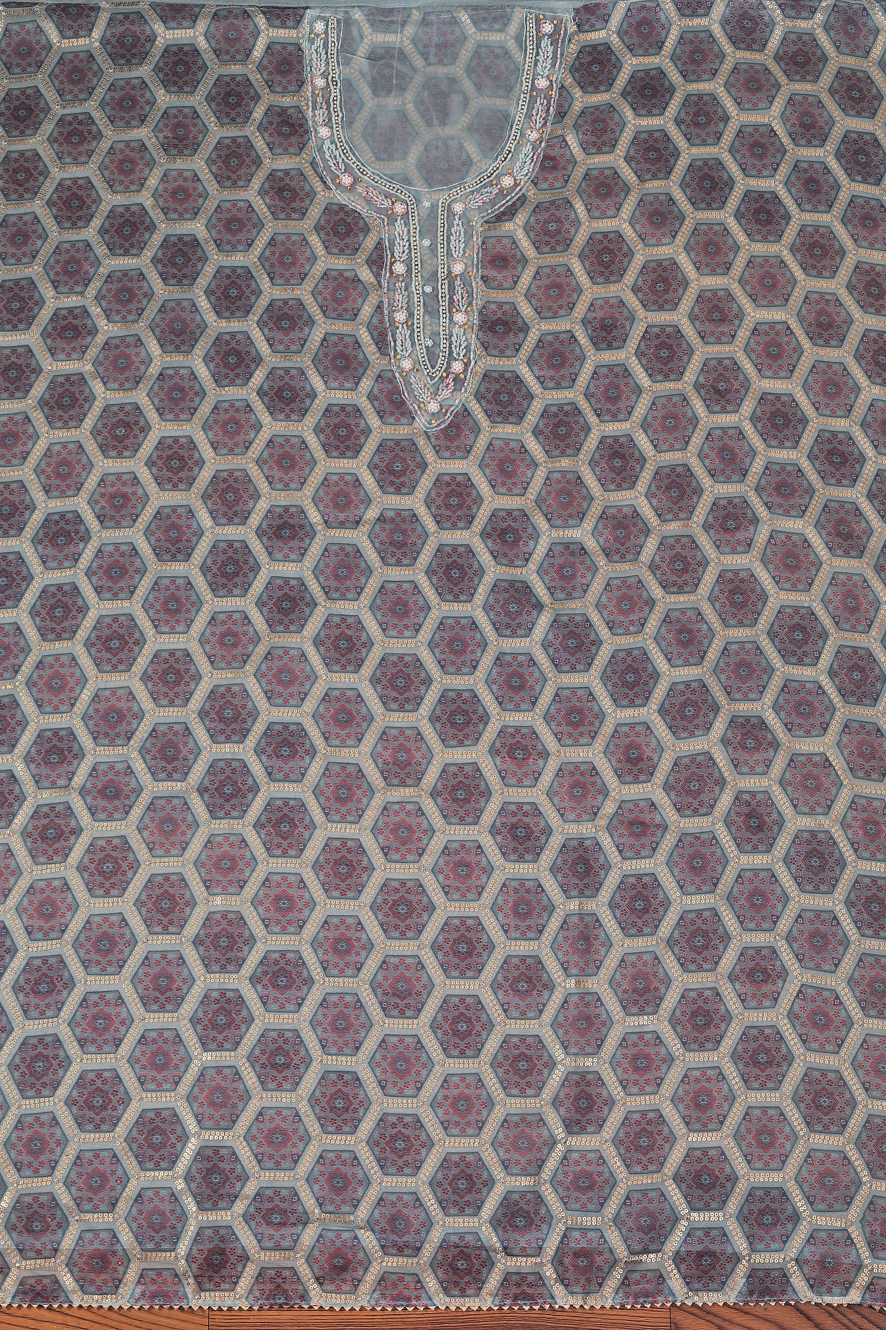 Green Organza Embellished Dress Material With Dupatta