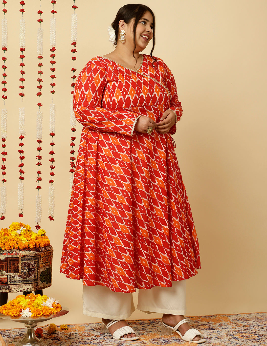 Plus Size Red Ikat Printed Angrakha Kurta