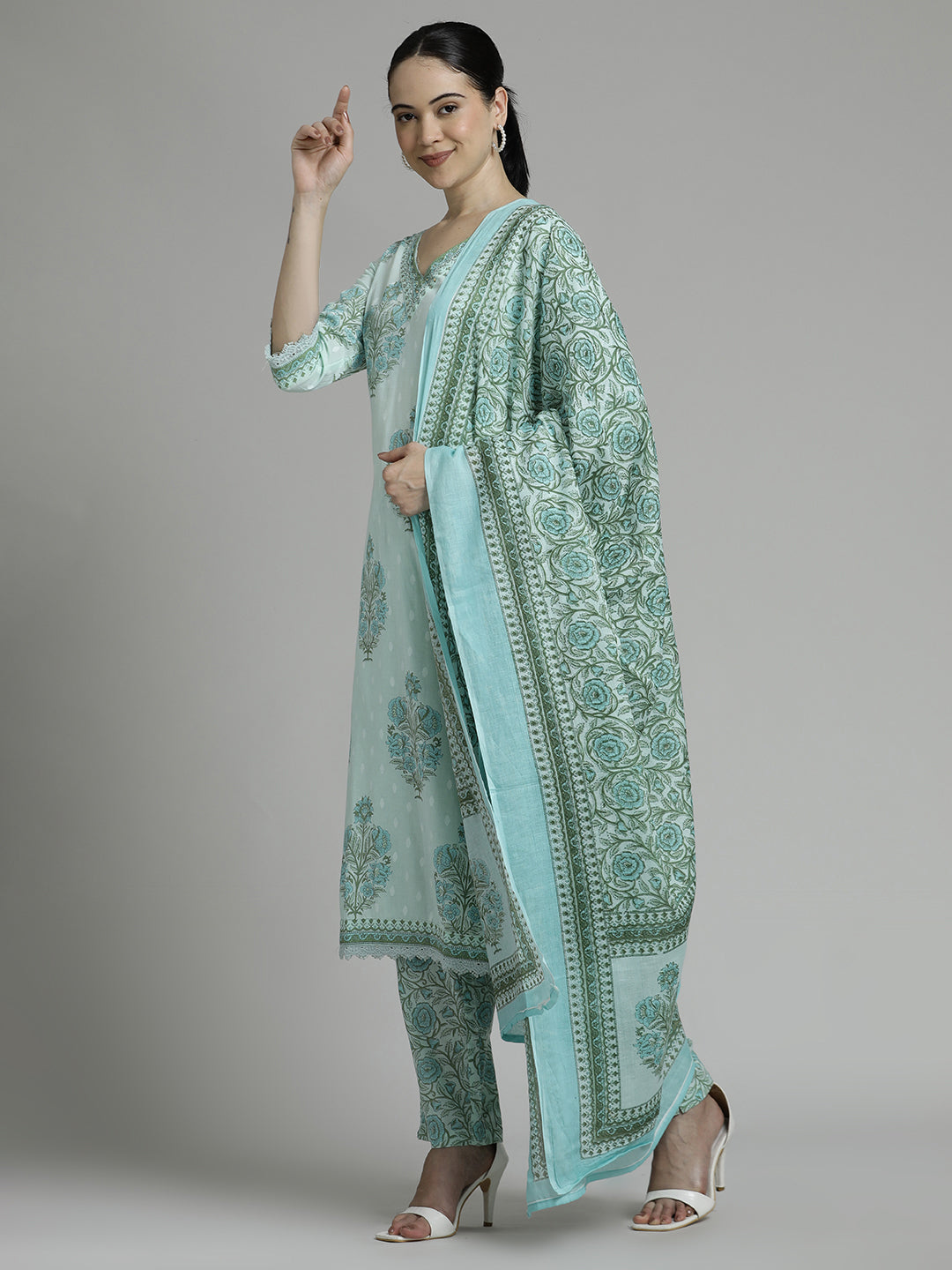 Off White Green Floral Printed Cotton Suit Set