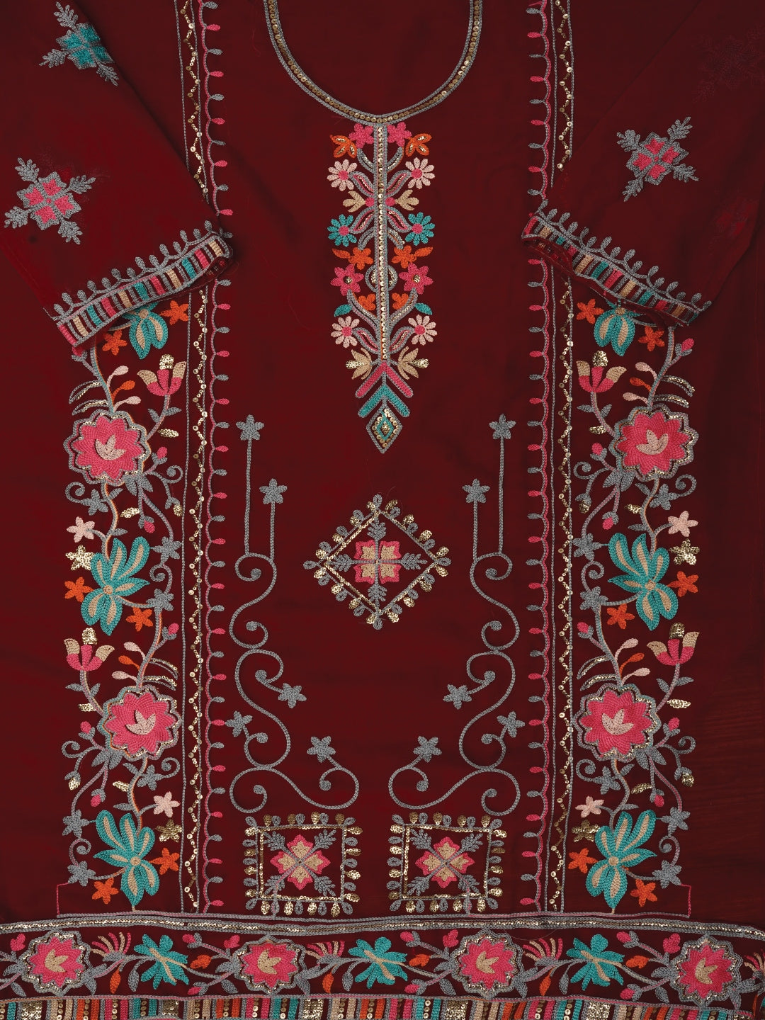 Red Sequin Embroidered Silk Georgette Dress Material with Dupatta