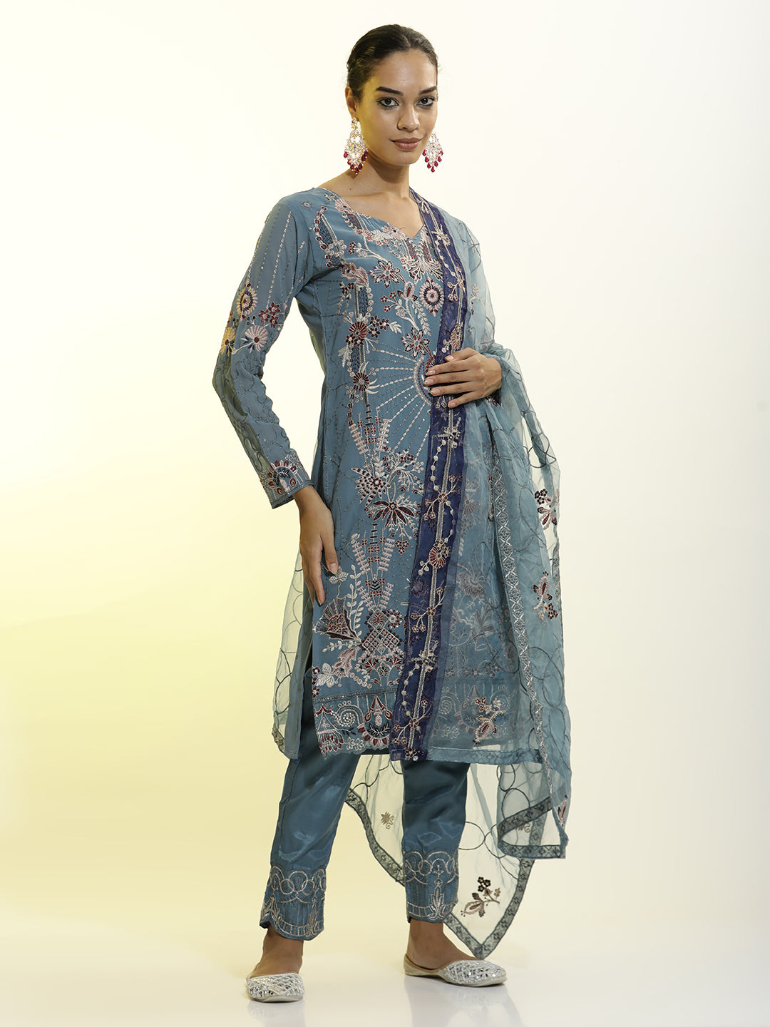 Festive Embroidered Georgette Party Wear Kurta Set With Dupatta