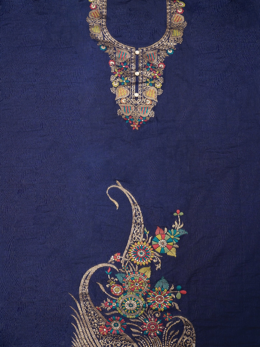 Blue Unstitched Zari Silk Blend Dress Material With Dupatta