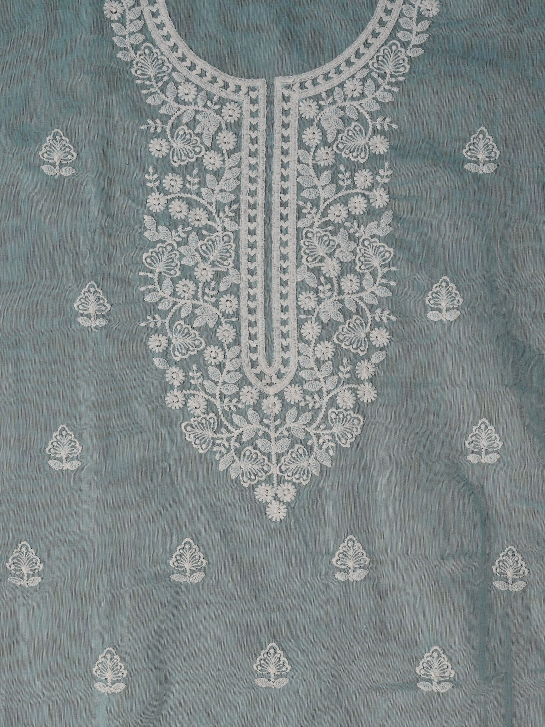 Sky Blue Unstitched Embroidered Cotton Blend Dress Material With Dupatta