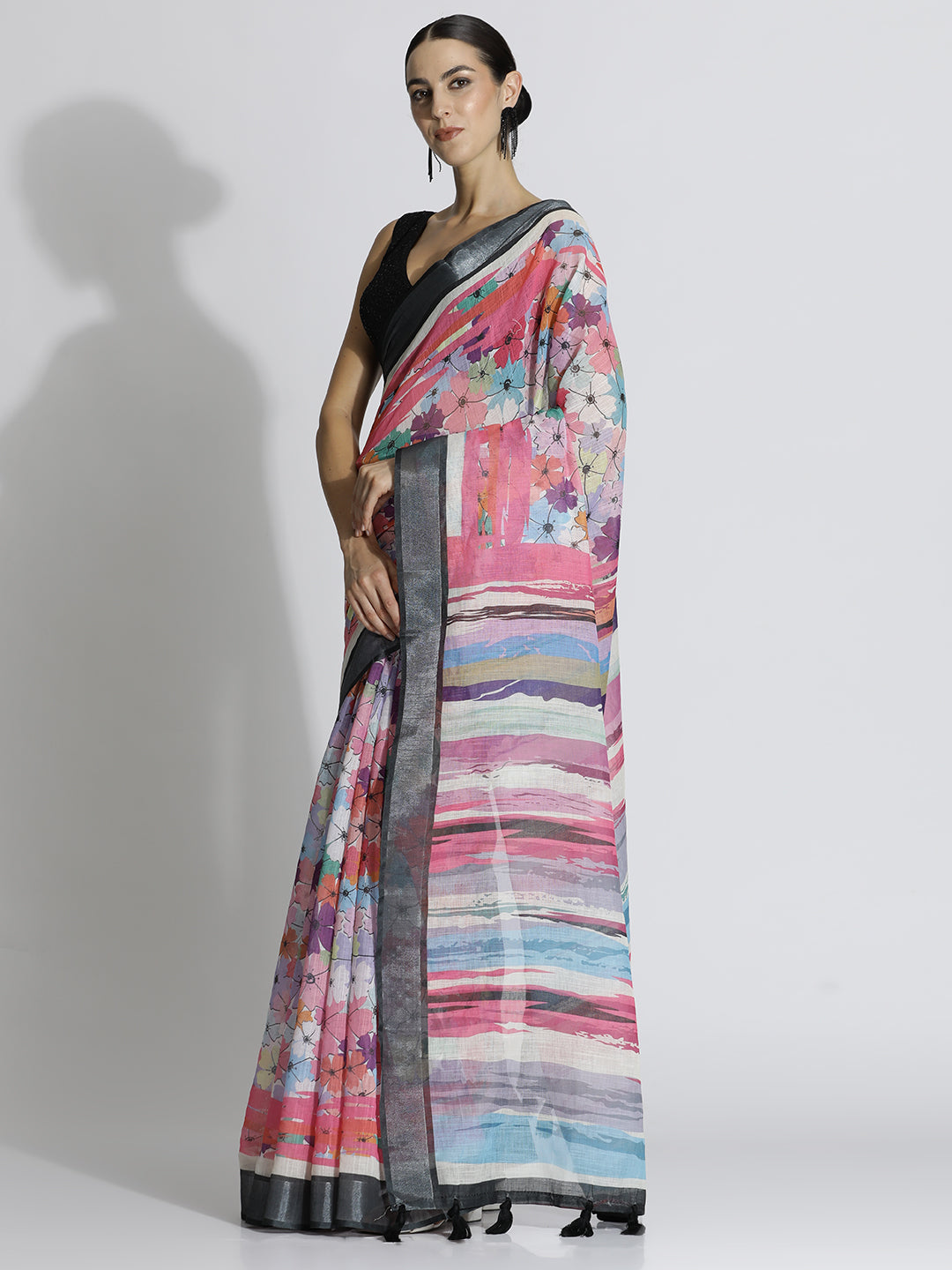 Floral Printed Daily Wear Pure Linen Multi Saree