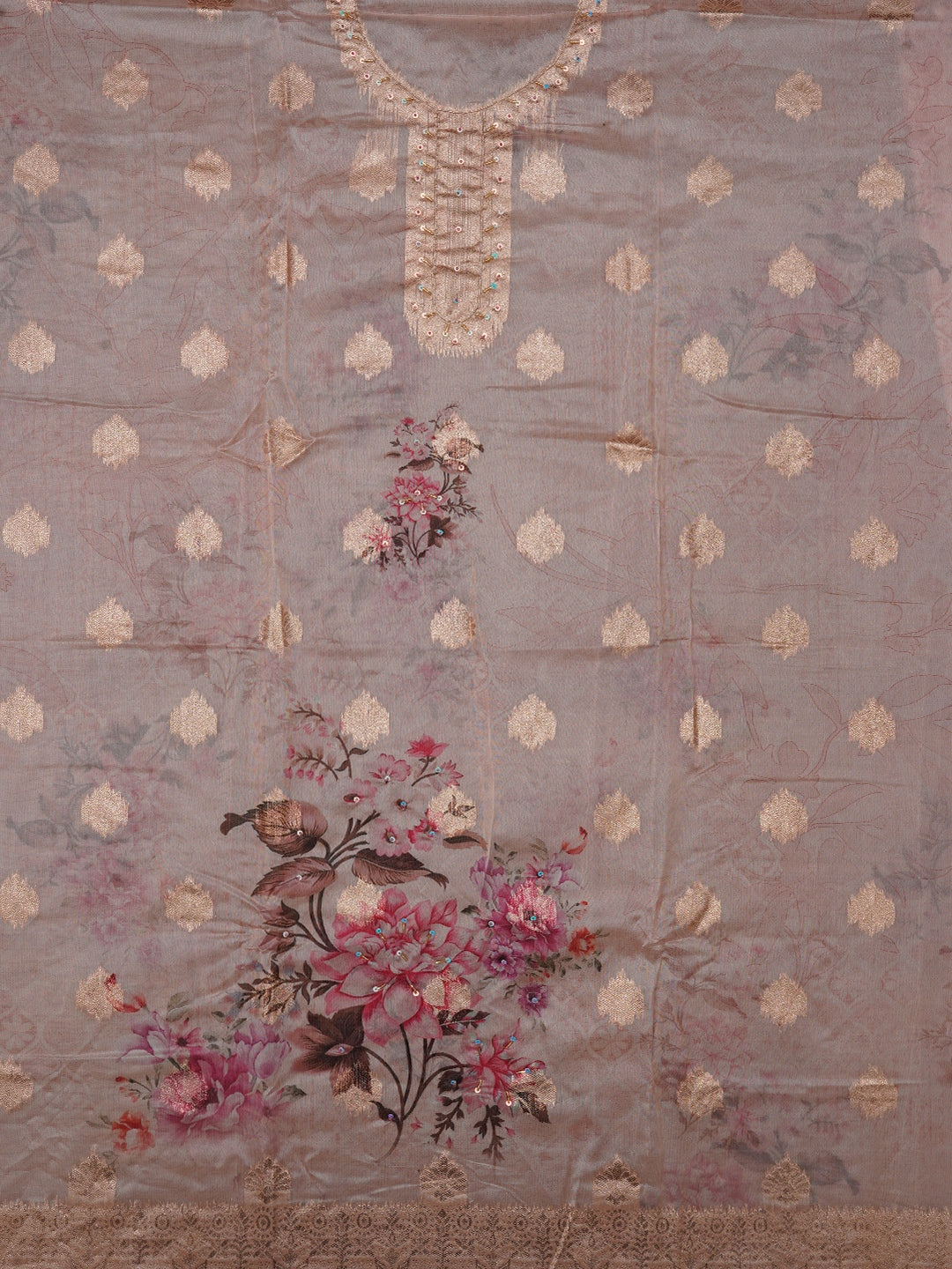 Peach Floral Printed Embellished Organza Dress Material with Dupatta