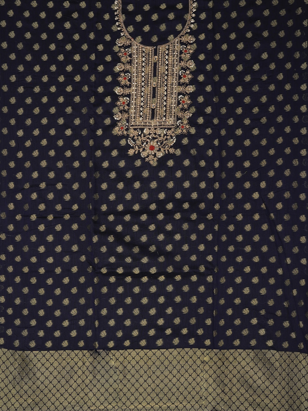 Navy Blue Zari Silk Blend Embellished Dress Material with Dupatta