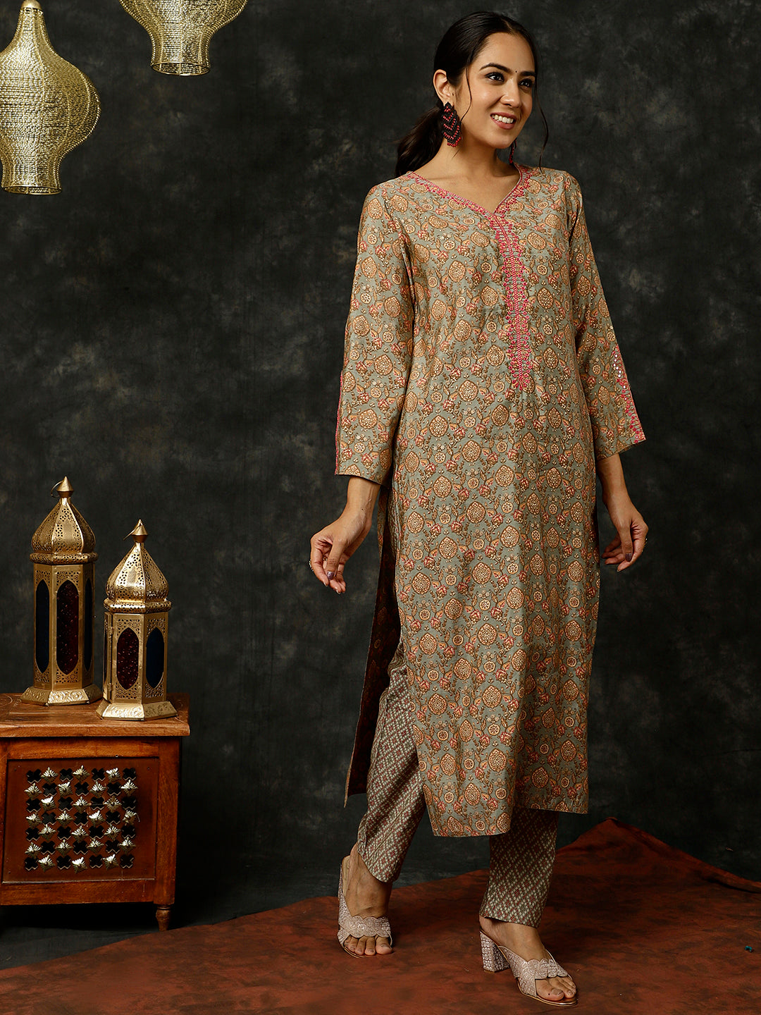 Grey Foil Printed Kurta With Pants And Dupatta