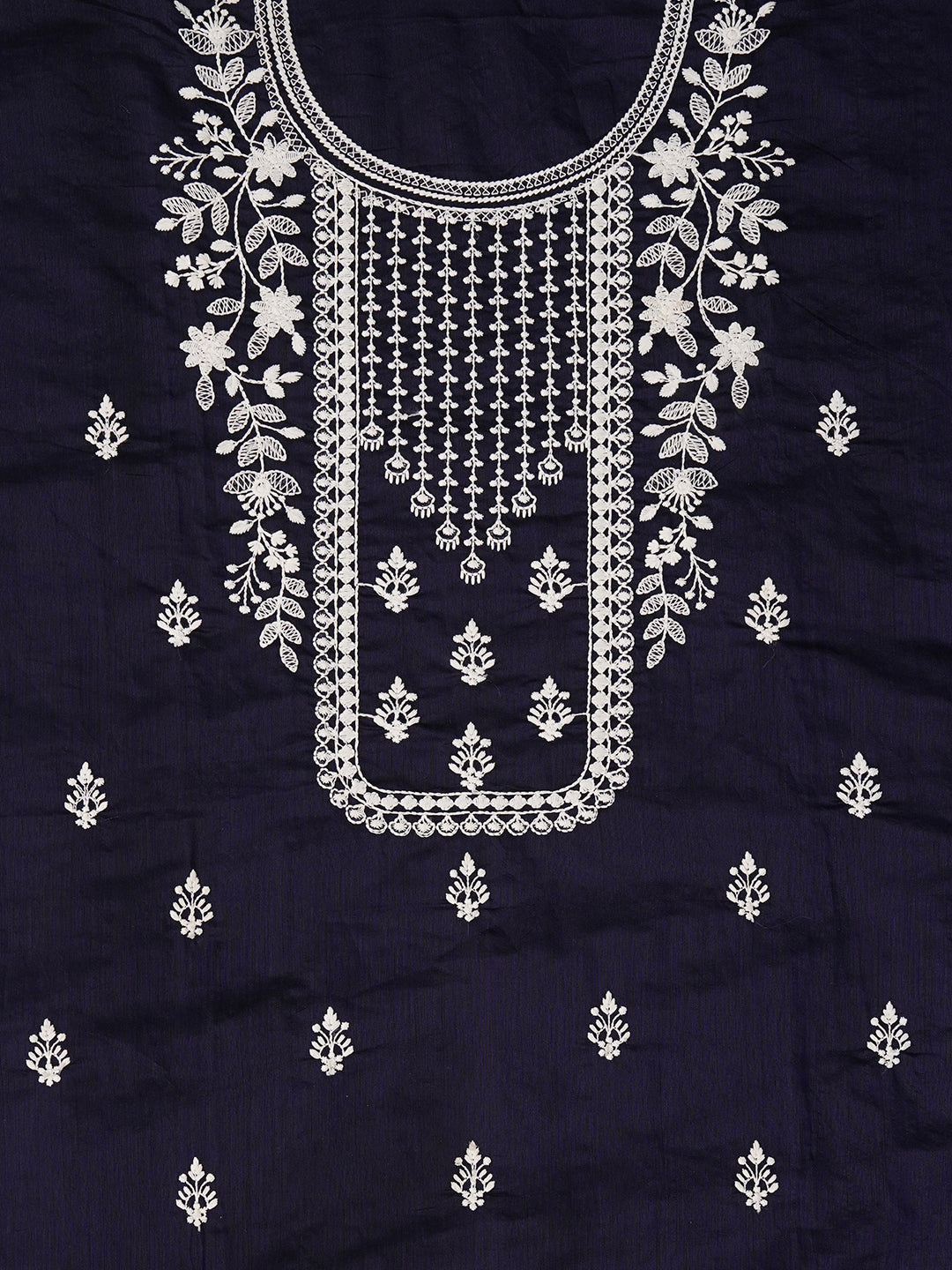 Navy Blue Unstitched Embroidered Cotton Blend Dress Material With Dupatta