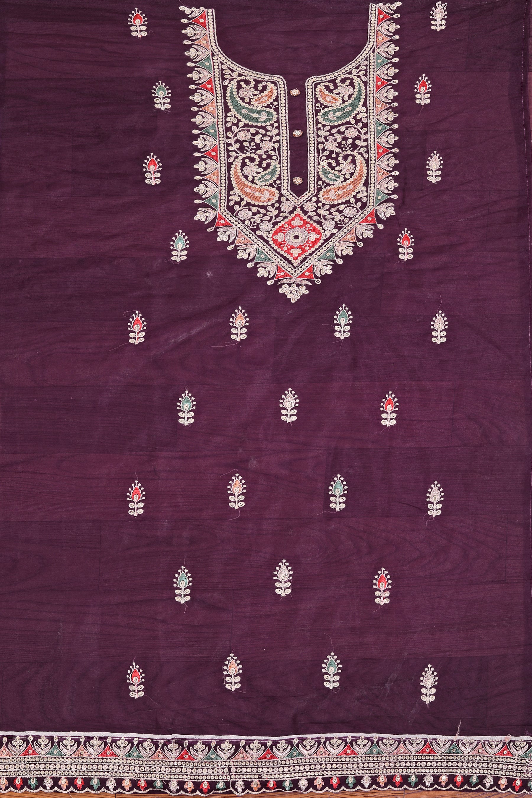 Wine Gota Patti Organza Dress Material With Embellished Dupatta