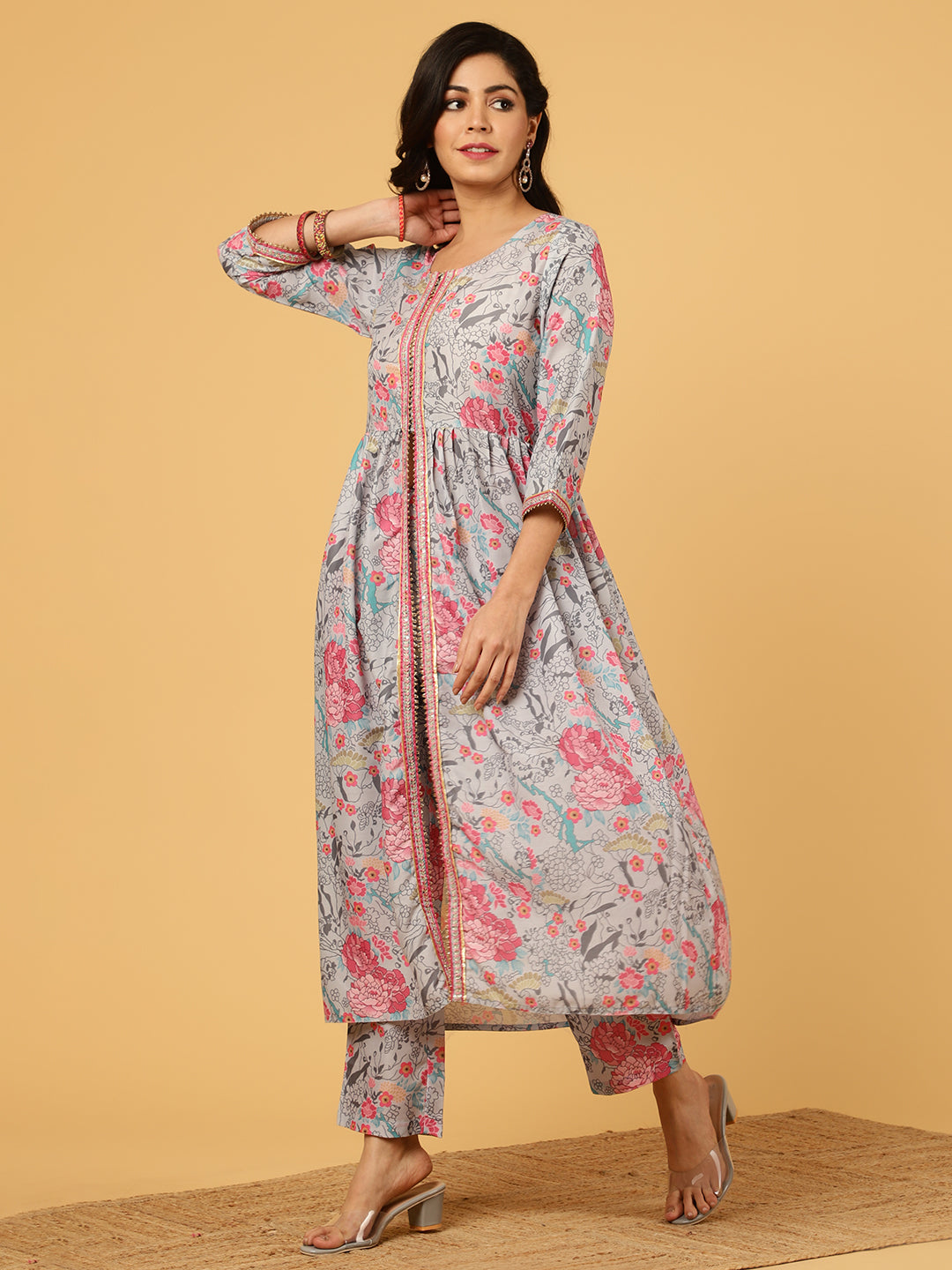 Pastel Green Floral Printed Gathered Kurta With Pants