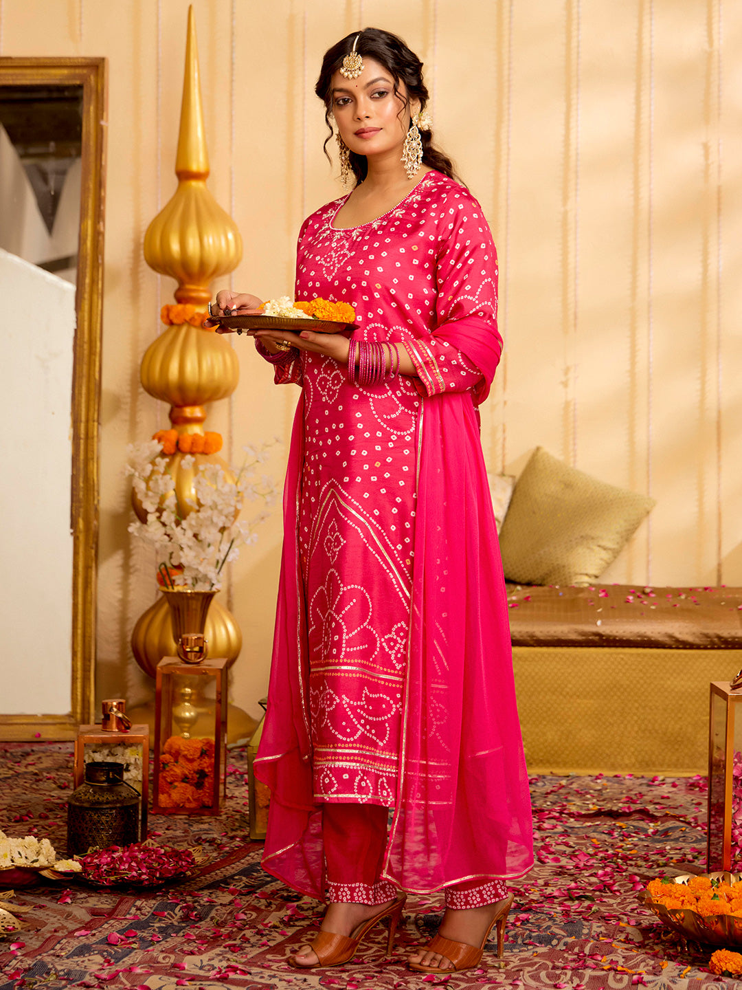 Fuchsia Bandhani Printed Festive Kurta Set With Dupatta