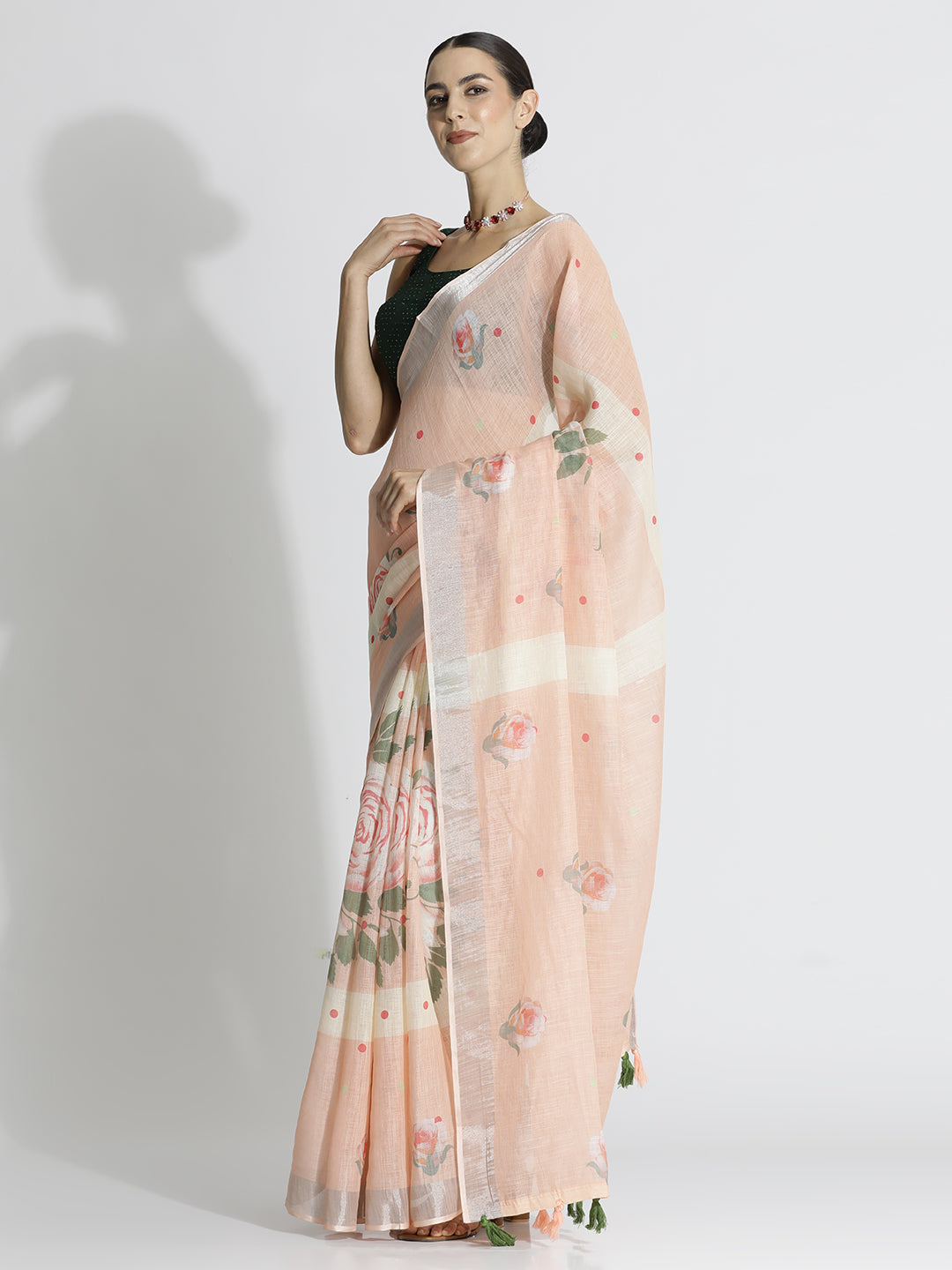 Peach Floral Printed Daily Wear Pure Linen Saree