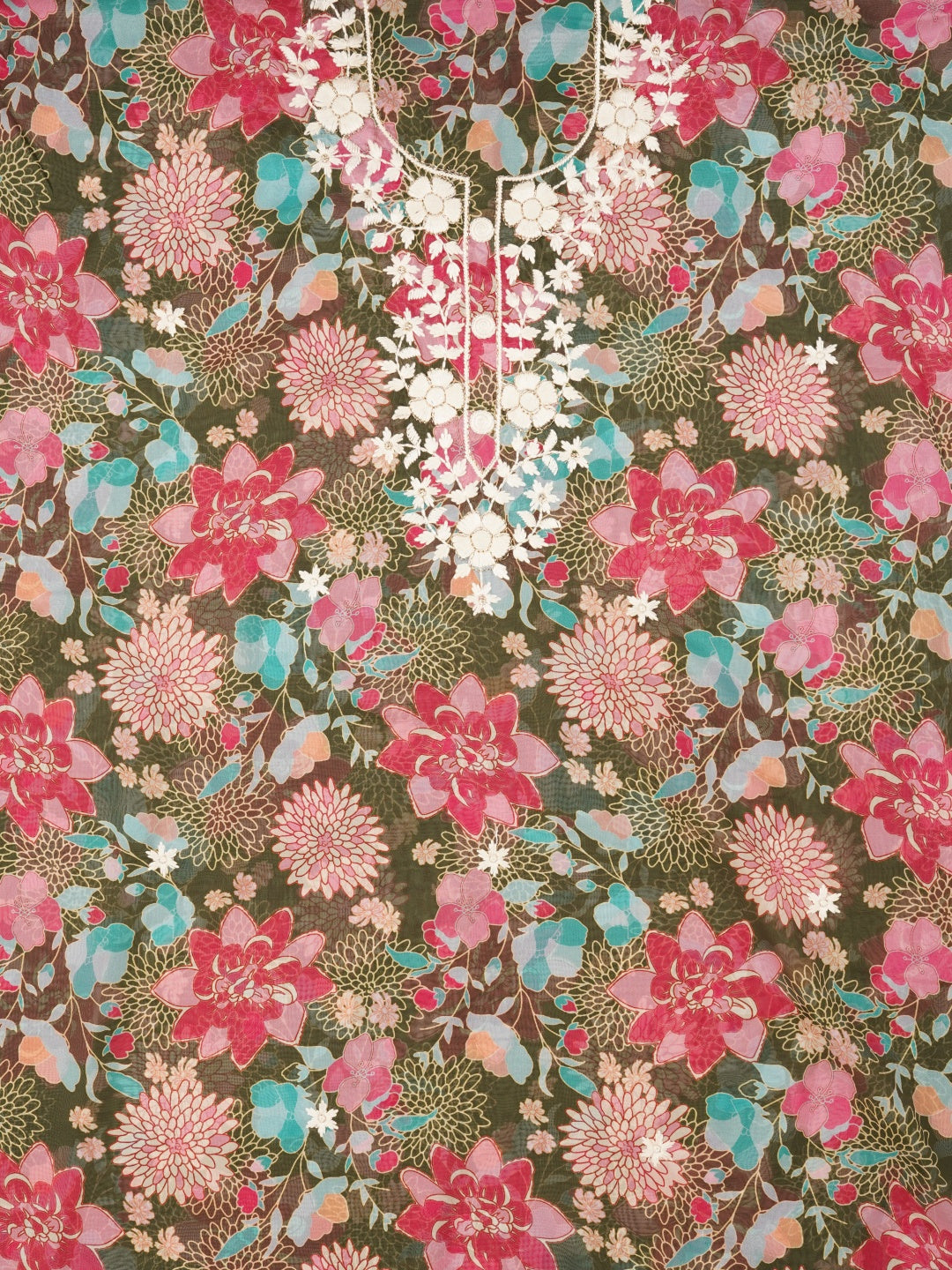 Olive Green Lucknowi Embroidered Organza Dress Material with Dupatta