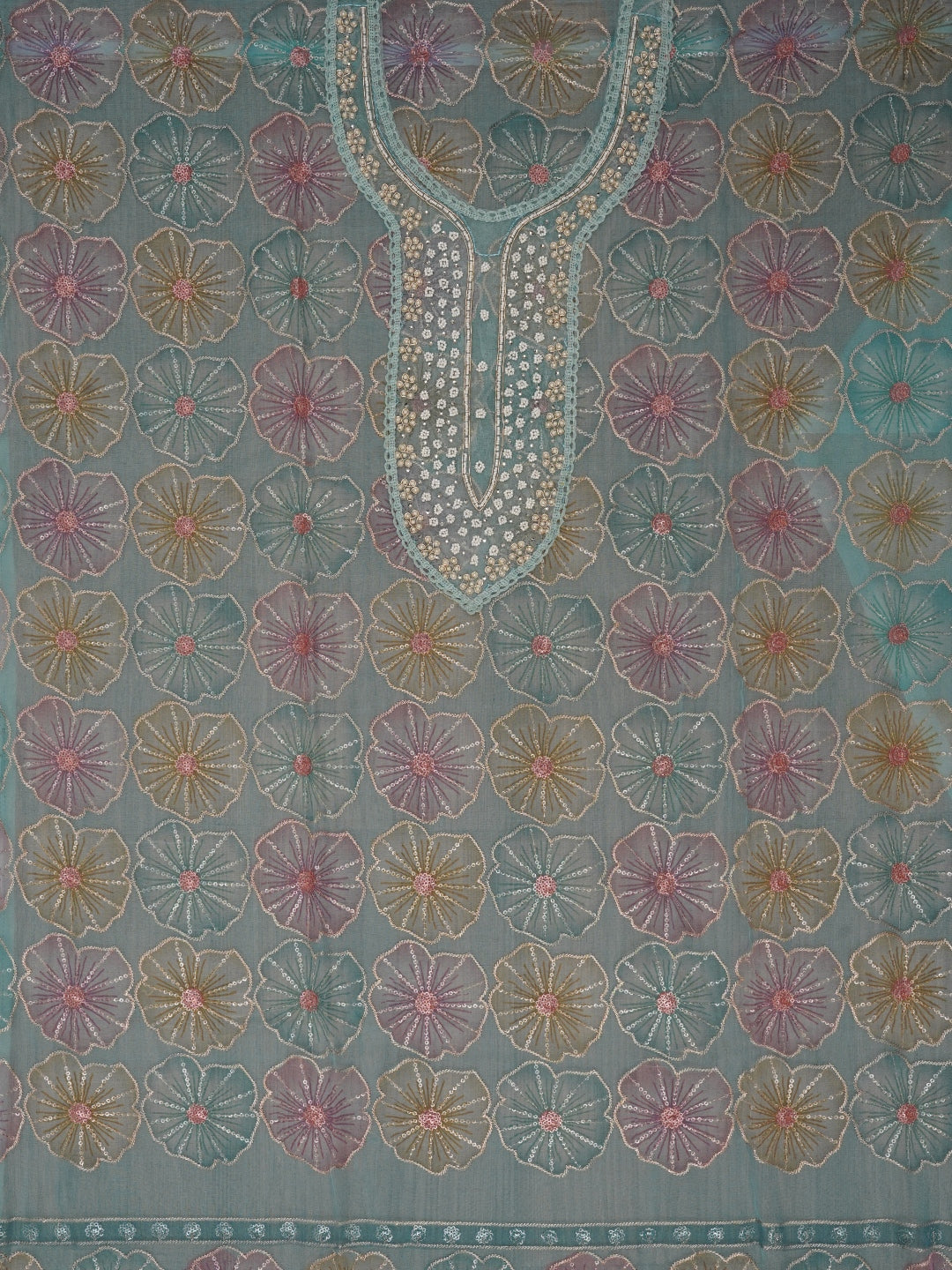 Sky Blue Floral Sequin Embroidered Organza Dress Material with Dupatta