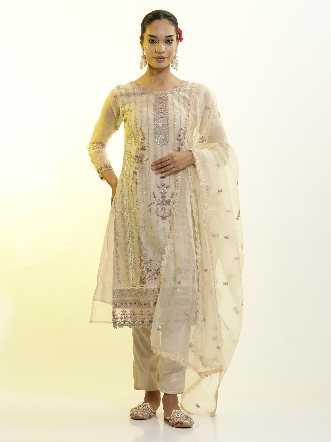 Heavy Embroidered Organza Festive Kurta Set With Dupatta