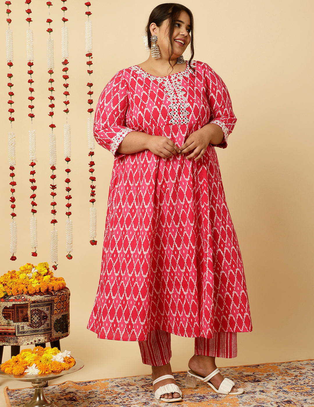 Plus Size Pink Mirror Embellished Ikat Printed Anarkali Kurta With Pants And Dupatta