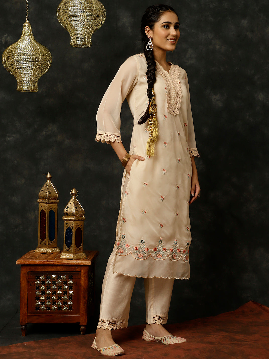 Cream Aari Work Art Silk Kurta With Pants And Dupatta