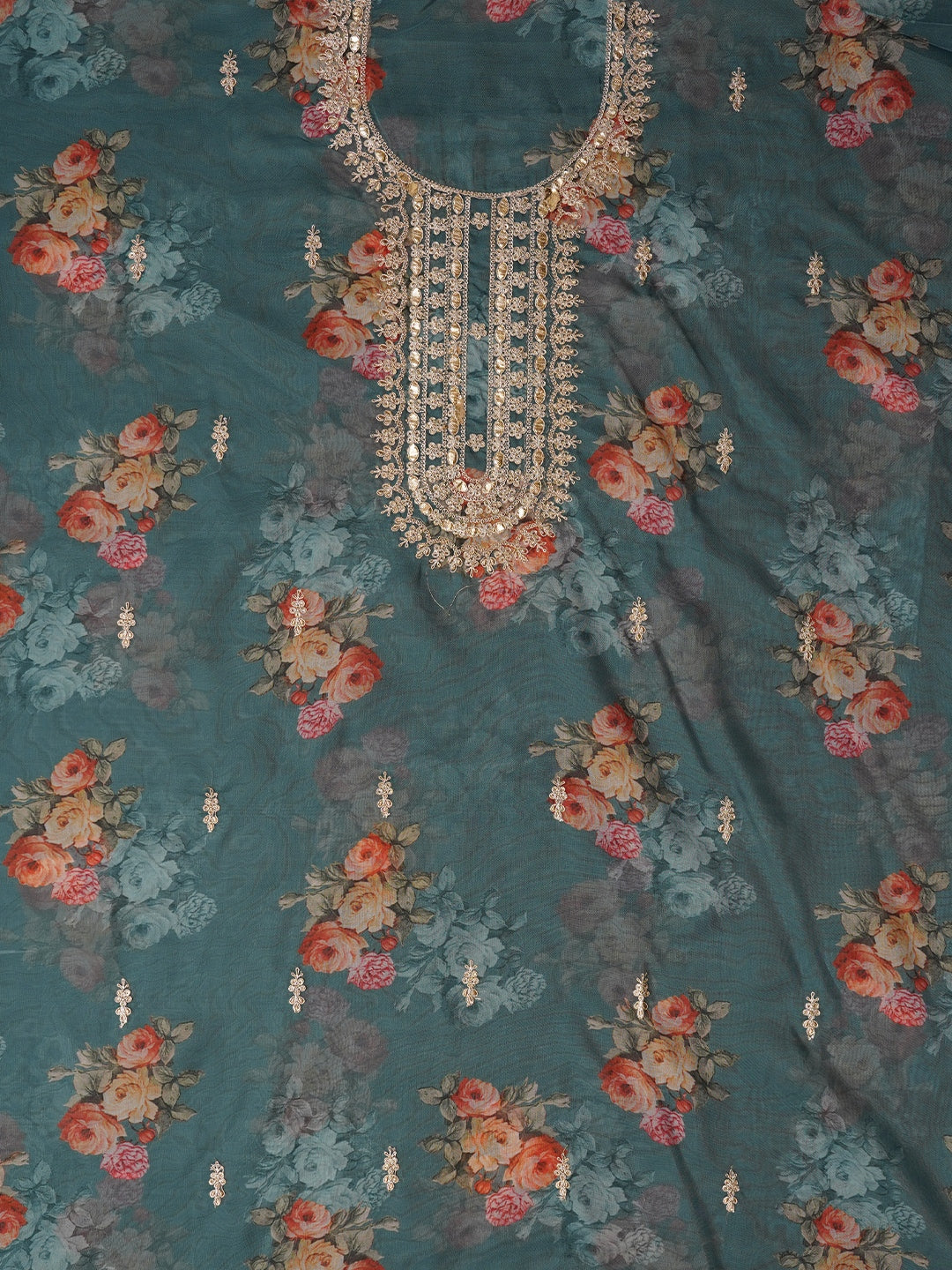 Sea Green Floral Printed Sequin Embroidered Dress Material with Dupatta