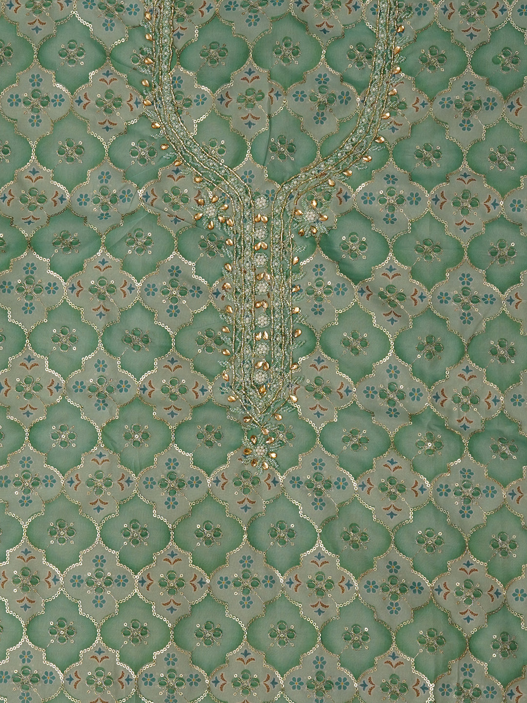 Unstitched Embroidered Green Organza Dress Material With Dupatta