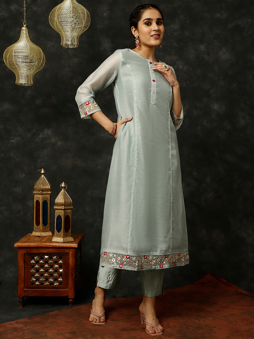 Blue Embroidered Art Silk Chanderi A-line Kurta With Pants And Dupatta