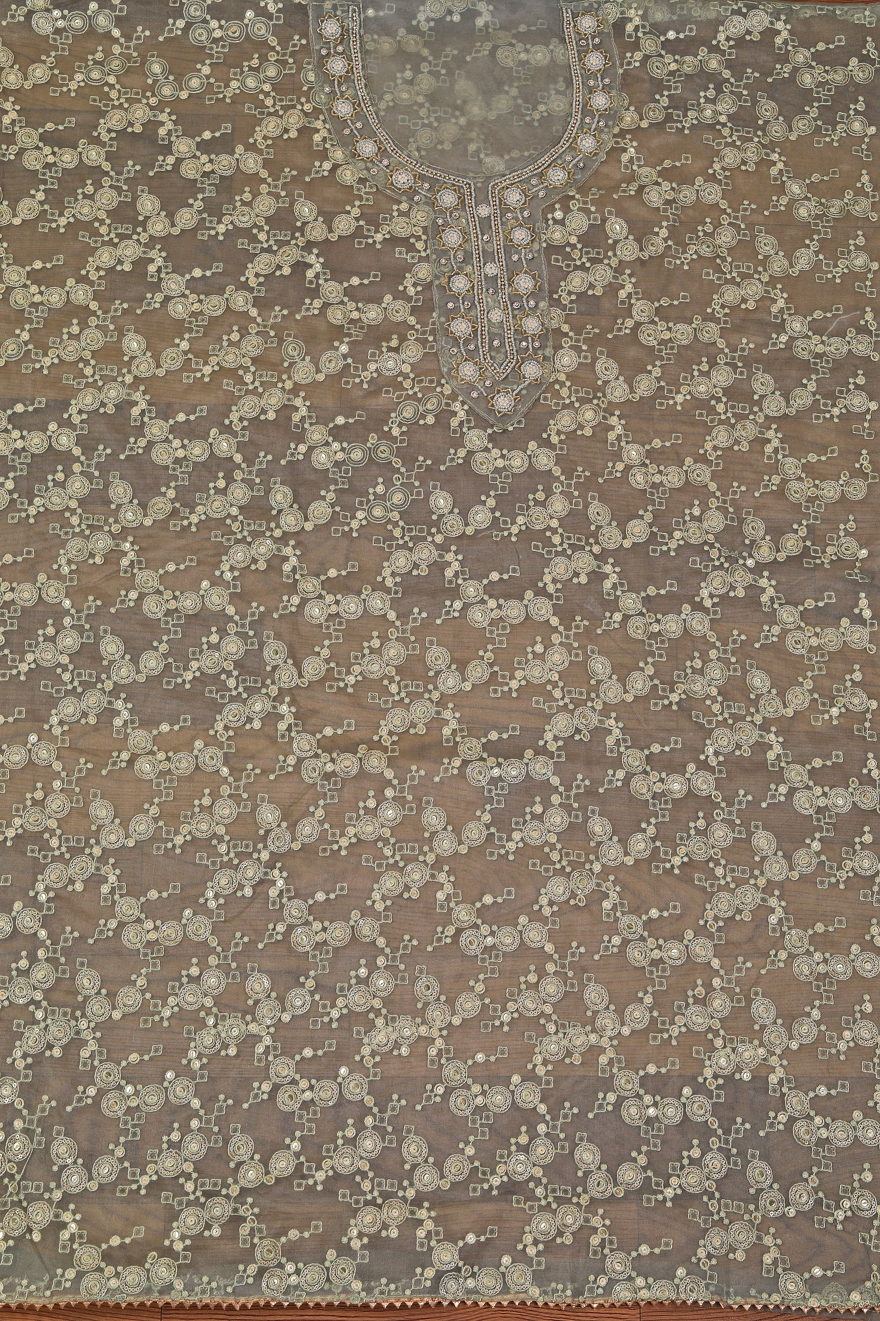 Green Embellished Ethnic Motif Printed Organza Dress Material With Dupatta